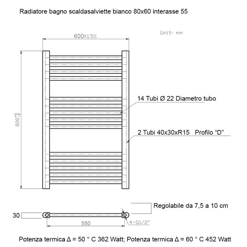 Scaldasalviette termoarredo 80x60 bianco interasse 55 cm IDRAULICO in Scalda asciugamani da parete Mondialshop - Parabiago, commercioVirtuoso.it