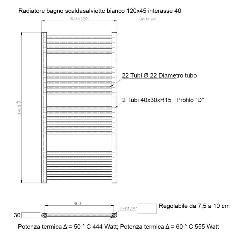 Scaldasalviette termoarredo 120x45 bianco interasse 40 cm IDRAULICO in Scalda asciugamani da parete Mondialshop - Parabiago, commercioVirtuoso.it
