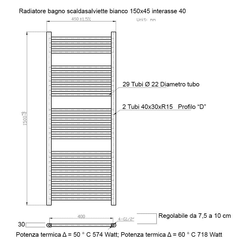 Scaldasalviette termoarredo 150x45 bianco interasse 40 cm IDRAULICO in Scalda asciugamani da parete Mondialshop - Parabiago, commercioVirtuoso.it