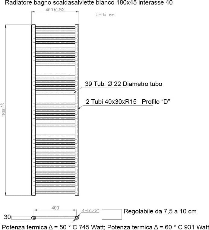 Scaldasalviette termoarredo 180x45 bianco interasse 40 cm IDRAULICO in Scalda asciugamani da parete Mondialshop - Parabiago, commercioVirtuoso.it