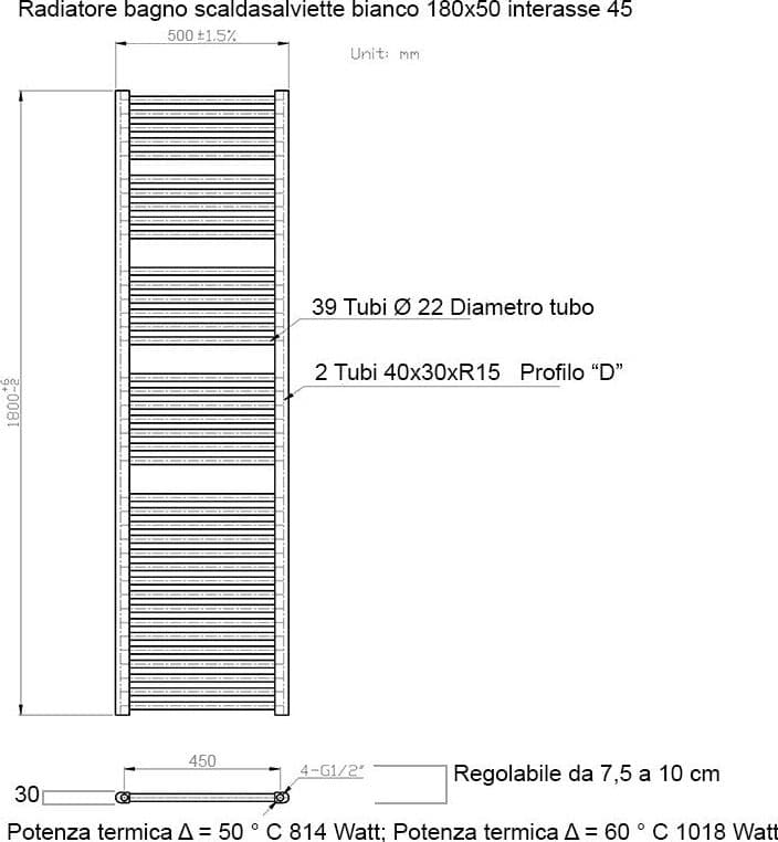 Scaldasalviette termoarredo 180x50 bianco interasse 45 cm IDRAULICO in Scalda asciugamani da parete Mondialshop - Parabiago, commercioVirtuoso.it
