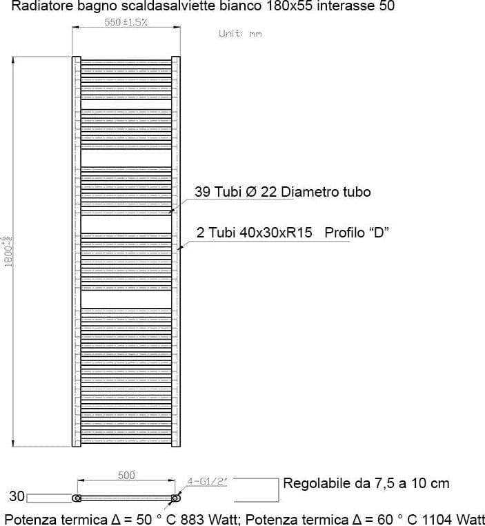 Scaldasalviette termoarredo 180x55 bianco interasse 50 cm IDRAULICO in Scalda asciugamani da parete Mondialshop - Parabiago, commercioVirtuoso.it