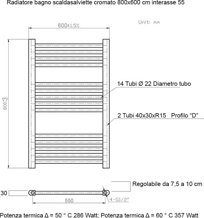 Scaldasalviette termoarredo 80x60 Cromato interasse 55 cm IDRAULICO in Scalda asciugamani da parete Mondialshop - Parabiago, commercioVirtuoso.it