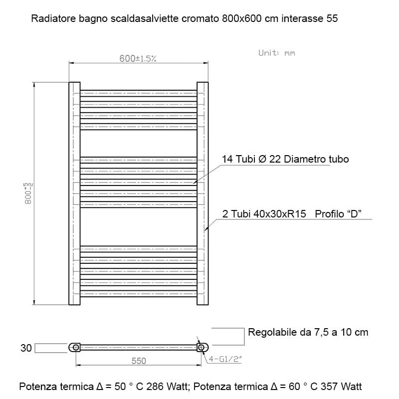 Scaldasalviette termoarredo 80x60 Cromato interasse 55 cm IDRAULICO in Scalda asciugamani da parete Mondialshop - Parabiago, commercioVirtuoso.it