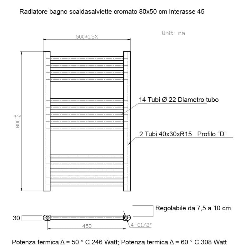 Scaldasalviette termoarredo 80x50 Cromato interasse 45 cm IDRAULICO in Scalda asciugamani da parete Mondialshop - Parabiago, commercioVirtuoso.it