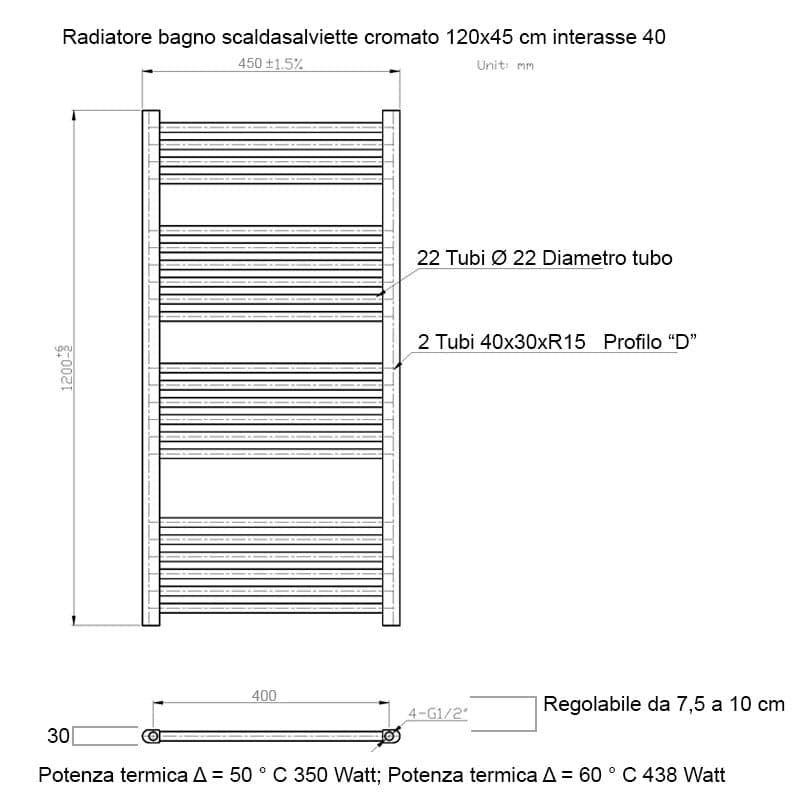 Scaldasalviette termoarredo 120x45 cromato interasse 40 cm IDRAULICO in Scalda asciugamani da parete Mondialshop - Parabiago, commercioVirtuoso.it