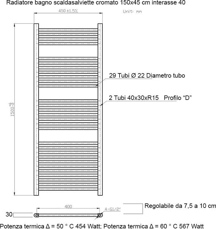 Scaldasalviette termoarredo 150x45 cromato interasse 40 cm IDRAULICO in Scalda asciugamani da parete Mondialshop - Parabiago, commercioVirtuoso.it