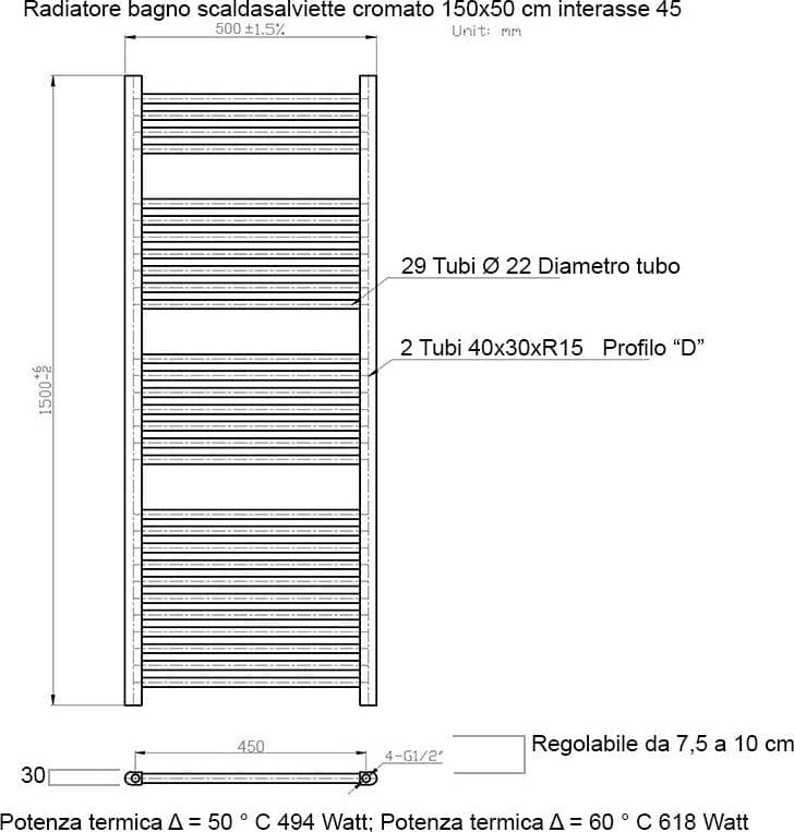 Scaldasalviette termoarredo 150x50 cromato interasse 45 cm IDRAULICO in Scalda asciugamani da parete Mondialshop - Parabiago, commercioVirtuoso.it