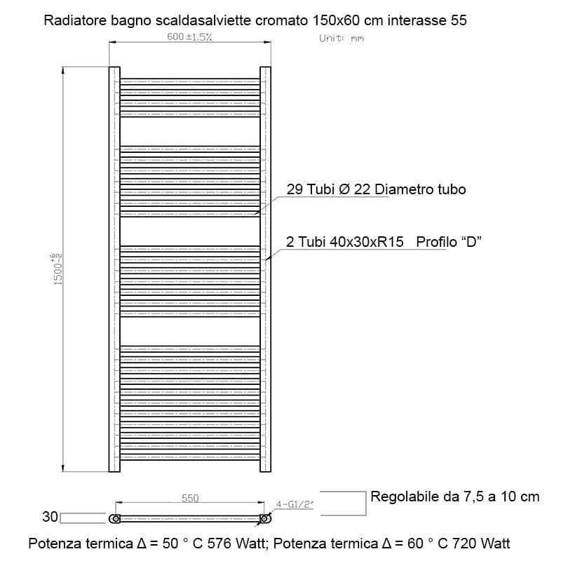 Scaldasalviette termoarredo 150x60 cromato interasse 55 cm IDRAULICO in Scalda asciugamani da parete Mondialshop - Parabiago, commercioVirtuoso.it