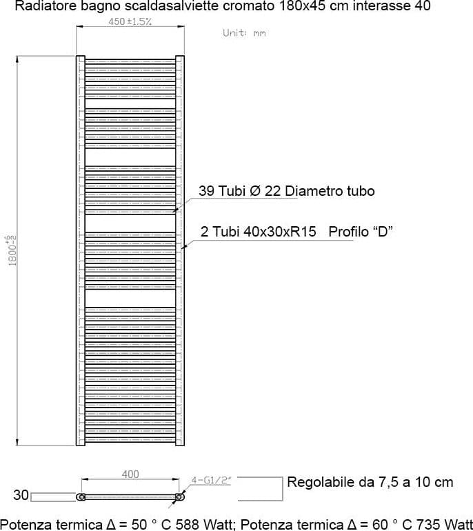 Scaldasalviette termoarredo 180x45 cromato interasse 40 cm IDRAULICO in Scalda asciugamani da parete Mondialshop - Parabiago, commercioVirtuoso.it