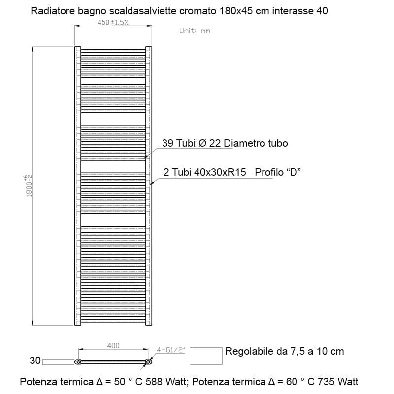 Scaldasalviette termoarredo 180x45 cromato interasse 40 cm IDRAULICO in Scalda asciugamani da parete Mondialshop - Parabiago, commercioVirtuoso.it