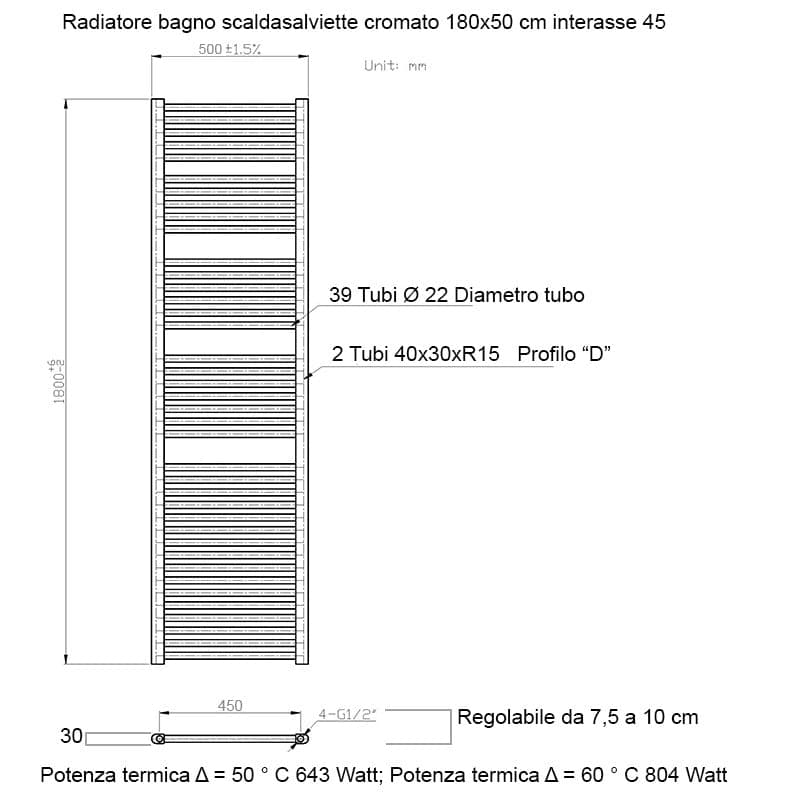 Scaldasalviette termoarredo 180x50 cromato interasse 45 cm IDRAULICO in Scalda asciugamani da parete Mondialshop - Parabiago, commercioVirtuoso.it