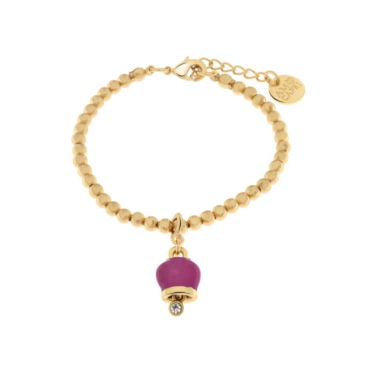 BySimon  -  Bracciale in Metallo maglia a sfere con campanella portafortuna pendente impreziosita da cristalli