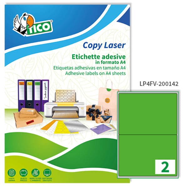 Etichetta adesiva LP4F verde fluo 70fg A4 200x142mm (2et/fg Tico