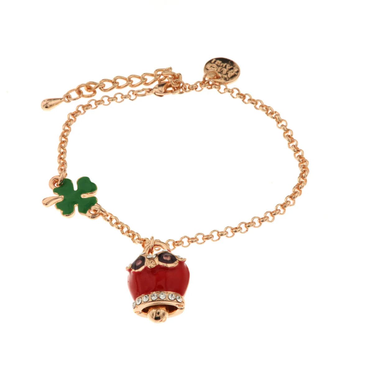 BYSIMON  -  Bracciale in Metallo con quadrifoglio e campanella portafortuna a gufo con smalto rosso e cristalli bianchi