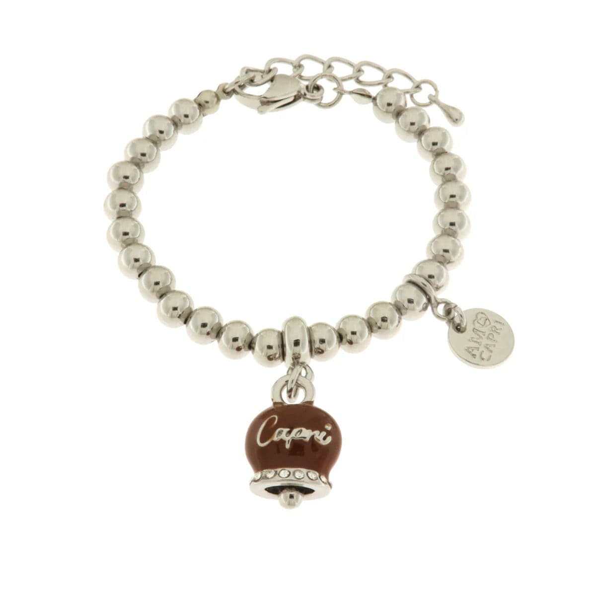 BYSIMON - Bracciale in Metallo con campanella scritta capri pendente impreziosita da cristalli e smalto marrone in Bracciali Alba Gioielli - Casoria, commercioVirtuoso.it
