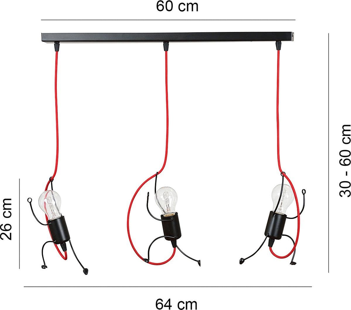 Sospensione 3 Luci Moderna Bobi In Acciaio Nero E Cavi Rossi A Figura Umana in Lampade a sospensione LuceArt - Montecorvino Pugliano, commercioVirtuoso.it