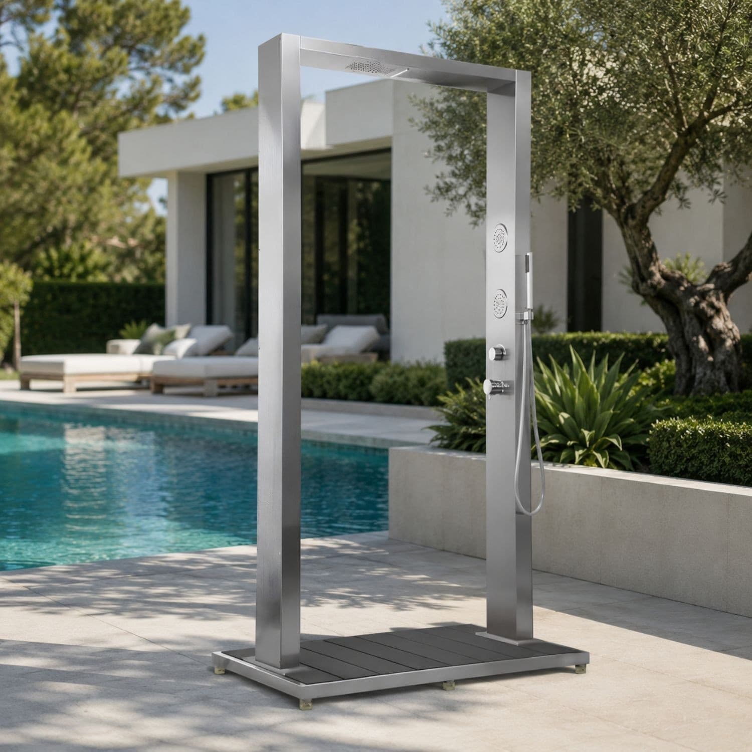 Colonna Doccia da Esterno Doppia Bamboo Acciaio Inox Getti Idro Pedana WPC in Rubinetti per vasca Ogomondo - Martina Franca, commercioVirtuoso.it