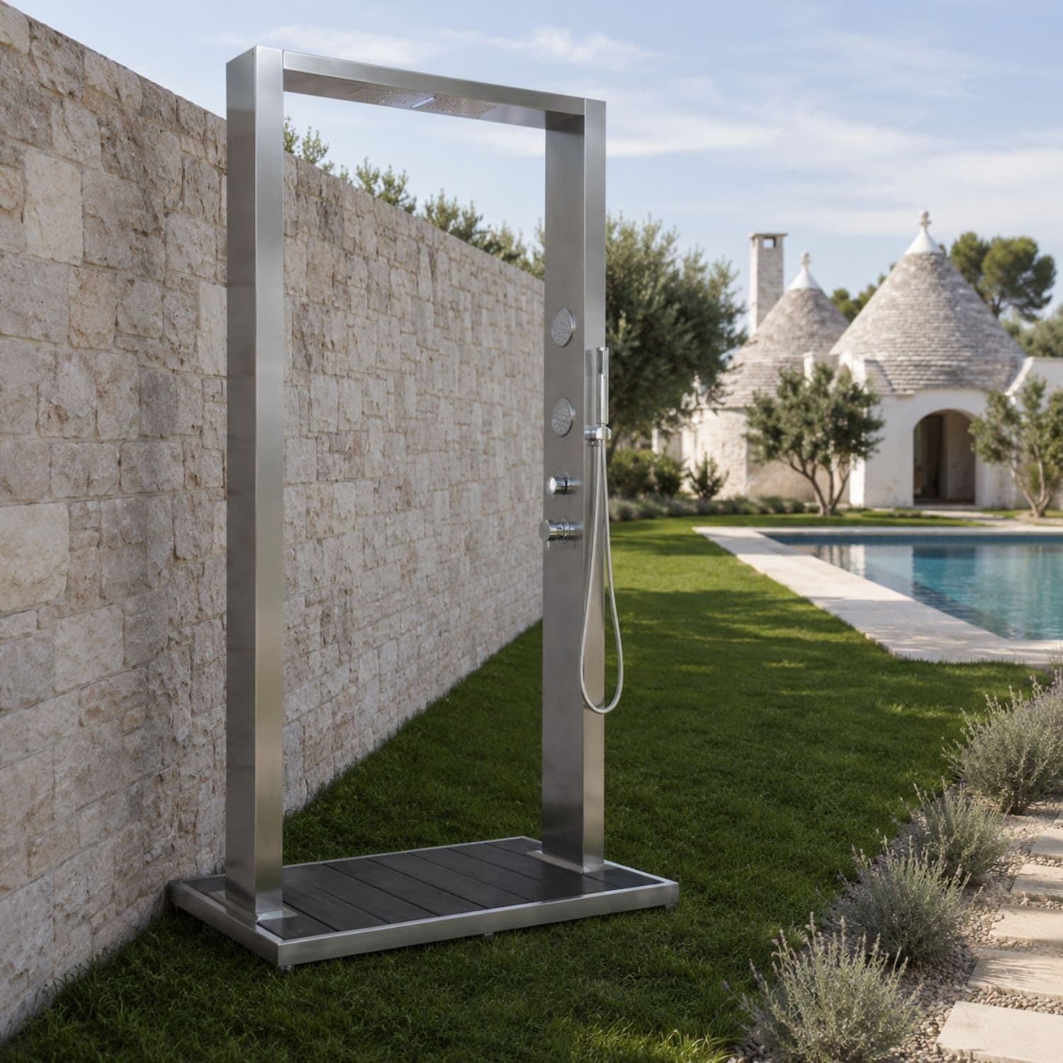 Colonna Doccia da Esterno Doppia Bamboo Acciaio Inox Getti Idro Pedana WPC in Rubinetti per vasca Ogomondo - Martina Franca, commercioVirtuoso.it