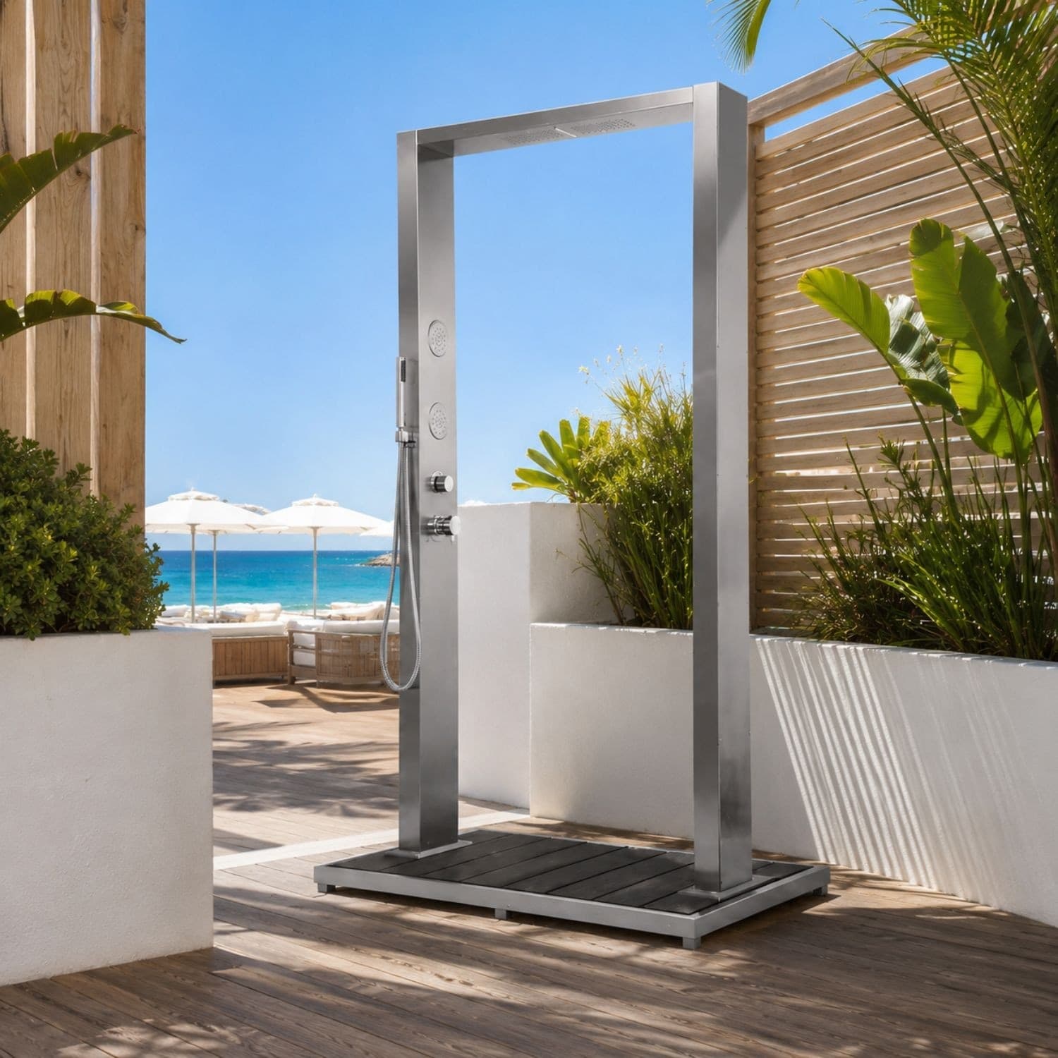 Colonna Doccia da Esterno Doppia Bamboo Acciaio Inox Getti Idro Pedana WPC in Rubinetti per vasca Ogomondo - Martina Franca, commercioVirtuoso.it