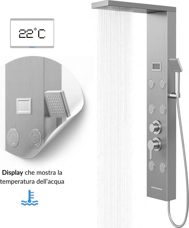 Colonna Doccia York Acciaio 4 Funzioni Display Controllo Temperatura 2 Finiture in Rubinetti per vasca Ogomondo - Martina Franca, commercioVirtuoso.it