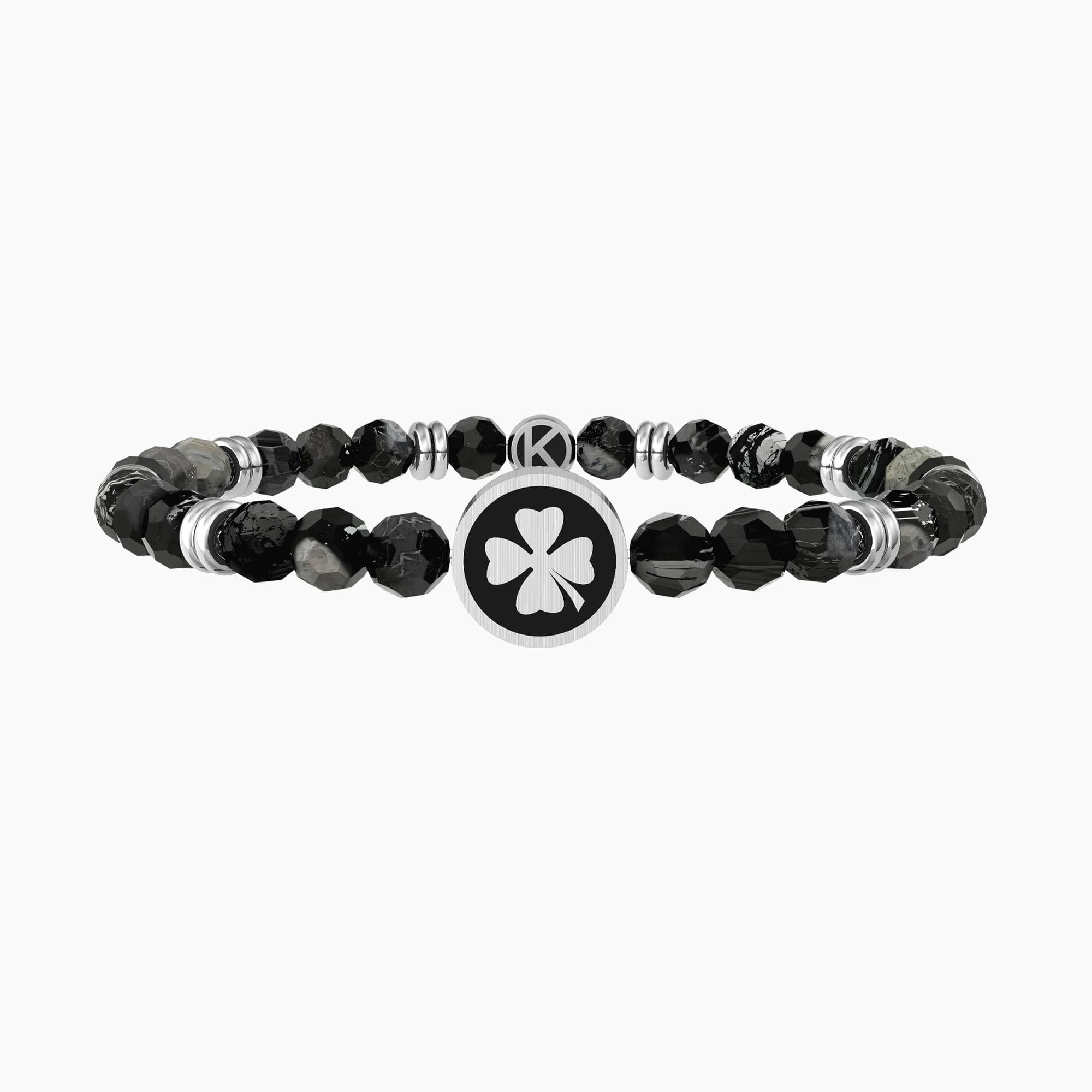 Kidult -  Bracciale elastico uomo con agata nera e quadrifoglio Quadrifoglio | good luck