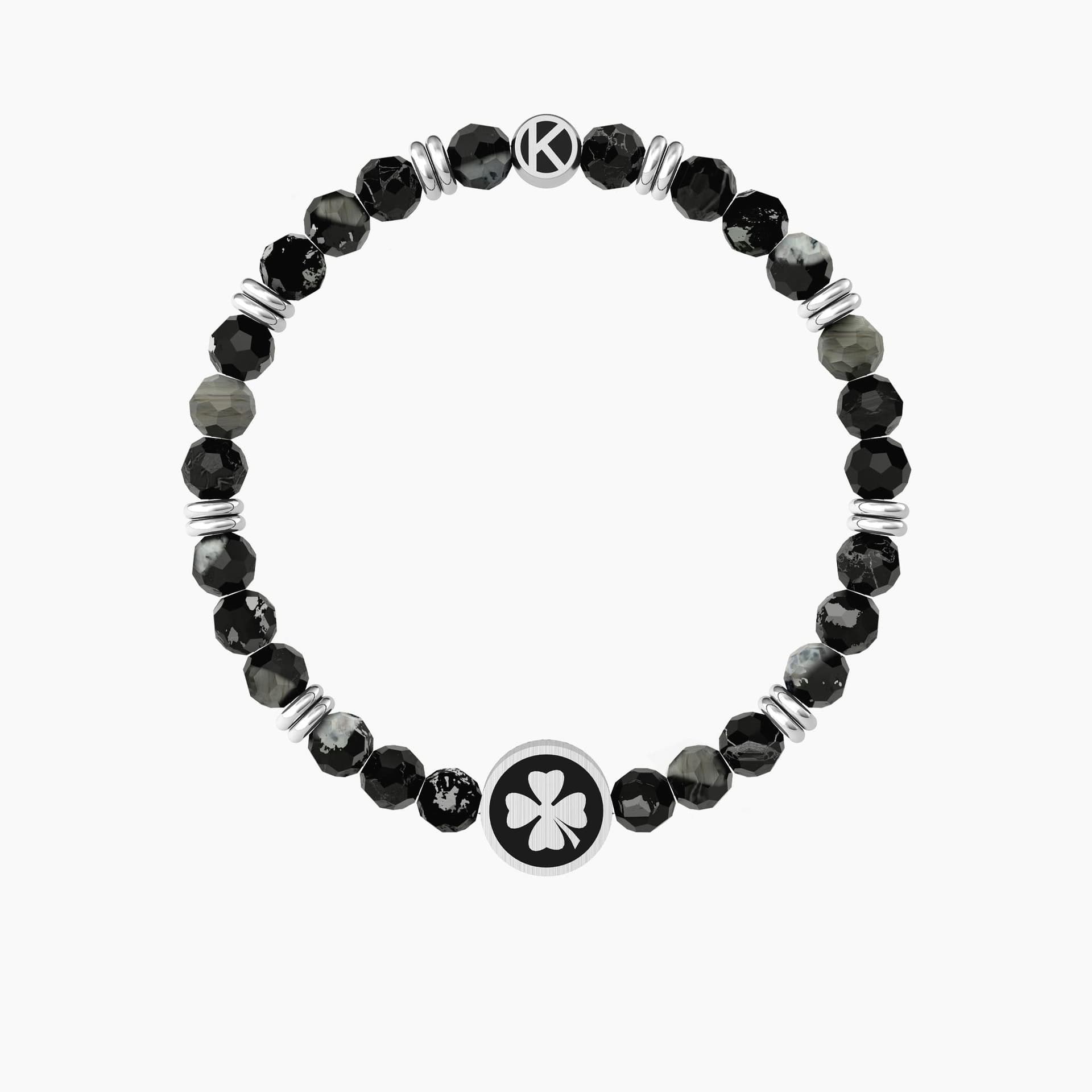 Kidult -  Bracciale elastico uomo con agata nera e quadrifoglio Quadrifoglio | good luck in Bracciali Alba Gioielli - Casoria, commercioVirtuoso.it