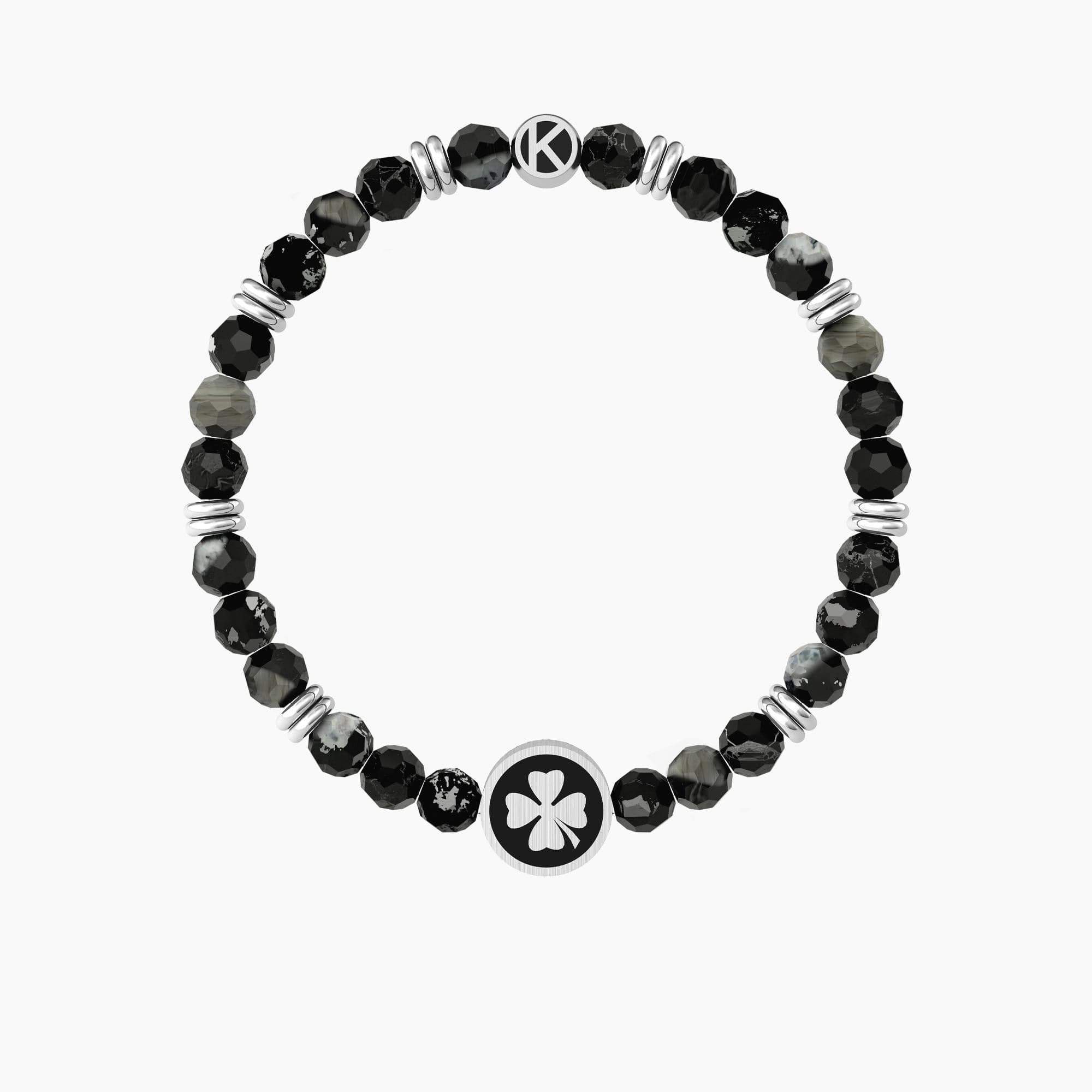 Kidult -  Bracciale elastico uomo con agata nera e quadrifoglio Quadrifoglio | good luck in Bracciali Alba Gioielli - Casoria, commercioVirtuoso.it
