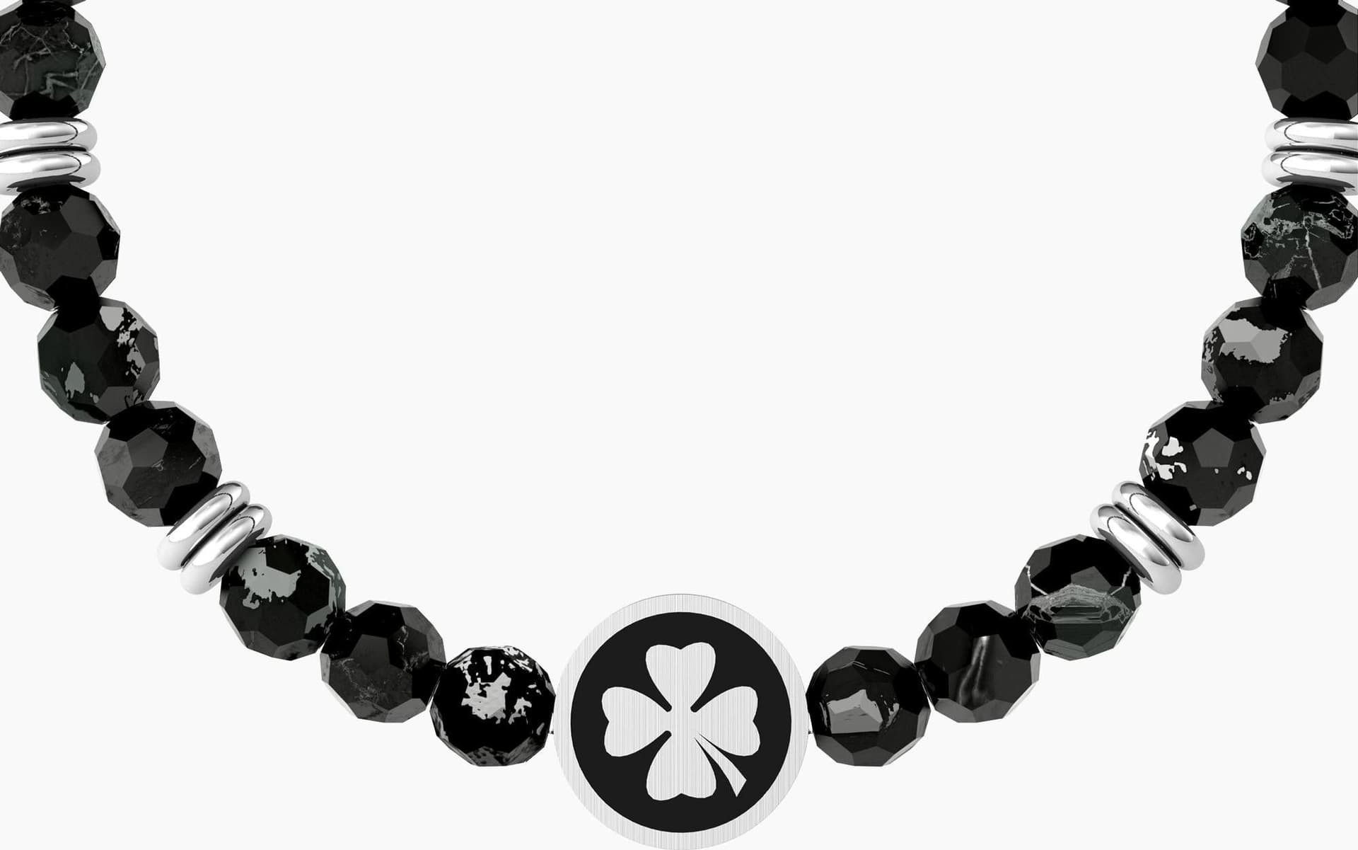 Kidult -  Bracciale elastico uomo con agata nera e quadrifoglio Quadrifoglio | good luck in Bracciali Alba Gioielli - Casoria, commercioVirtuoso.it