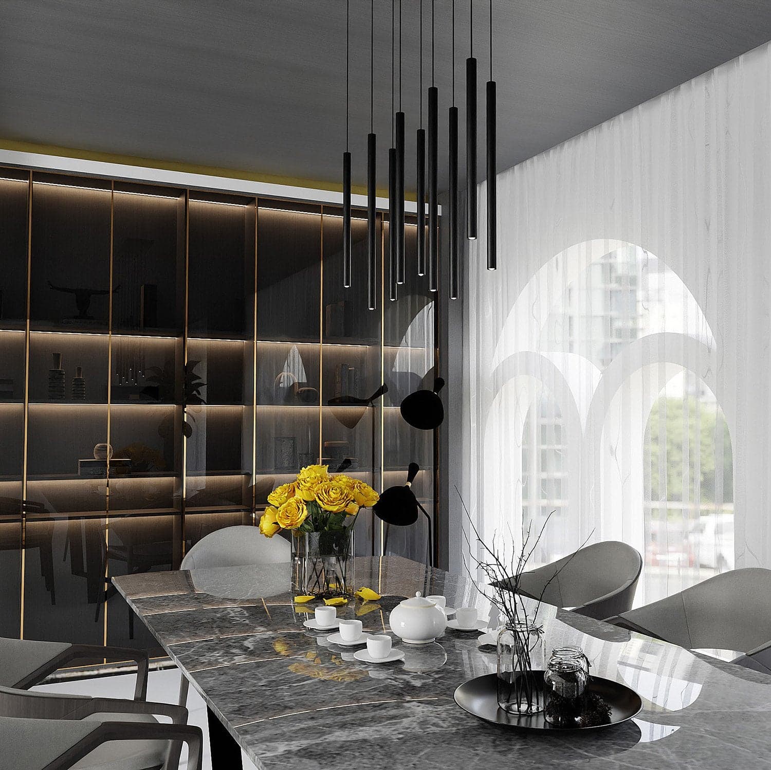 Lampadario 9 Luci Moderno Selter Acciaio Nero E Paralumi A Cilindri Sottili in Lampade a sospensione LuceArt - Montecorvino Pugliano, commercioVirtuoso.it