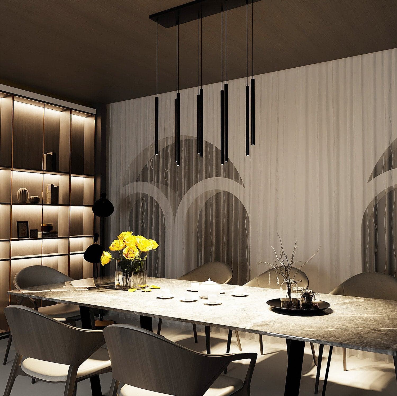Lampadario 9 Luci Moderno Selter Acciaio Nero E Paralumi A Cilindri Sottili in Lampade a sospensione LuceArt - Montecorvino Pugliano, commercioVirtuoso.it
