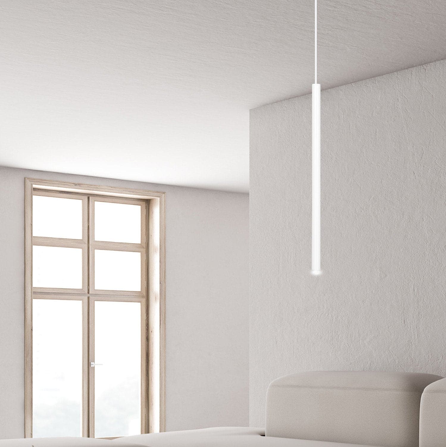 Lampadario 1 Luce Moderno Selter Acciaio Bianco E Paralume A Cilindro Sottile in Lampade a sospensione LuceArt - Montecorvino Pugliano, commercioVirtuoso.it