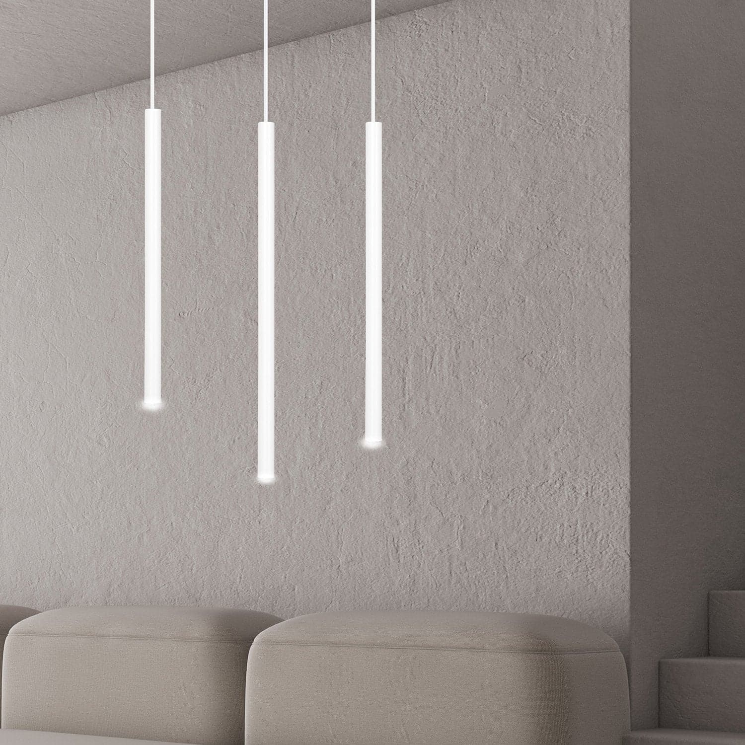 Lampadario 3 Luci Moderno Selter Acciaio Bianco E Paralumi A Cilindri Sottili in Lampade a sospensione LuceArt - Montecorvino Pugliano, commercioVirtuoso.it