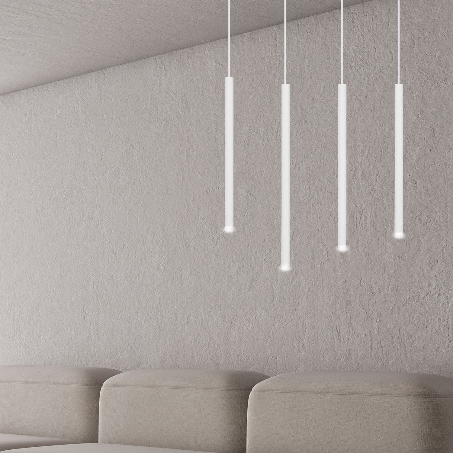 Lampadario 4 Luci Moderno Selter Acciaio Bianco E Paralumi A Cilindri Sottili in Lampade a sospensione LuceArt - Montecorvino Pugliano, commercioVirtuoso.it