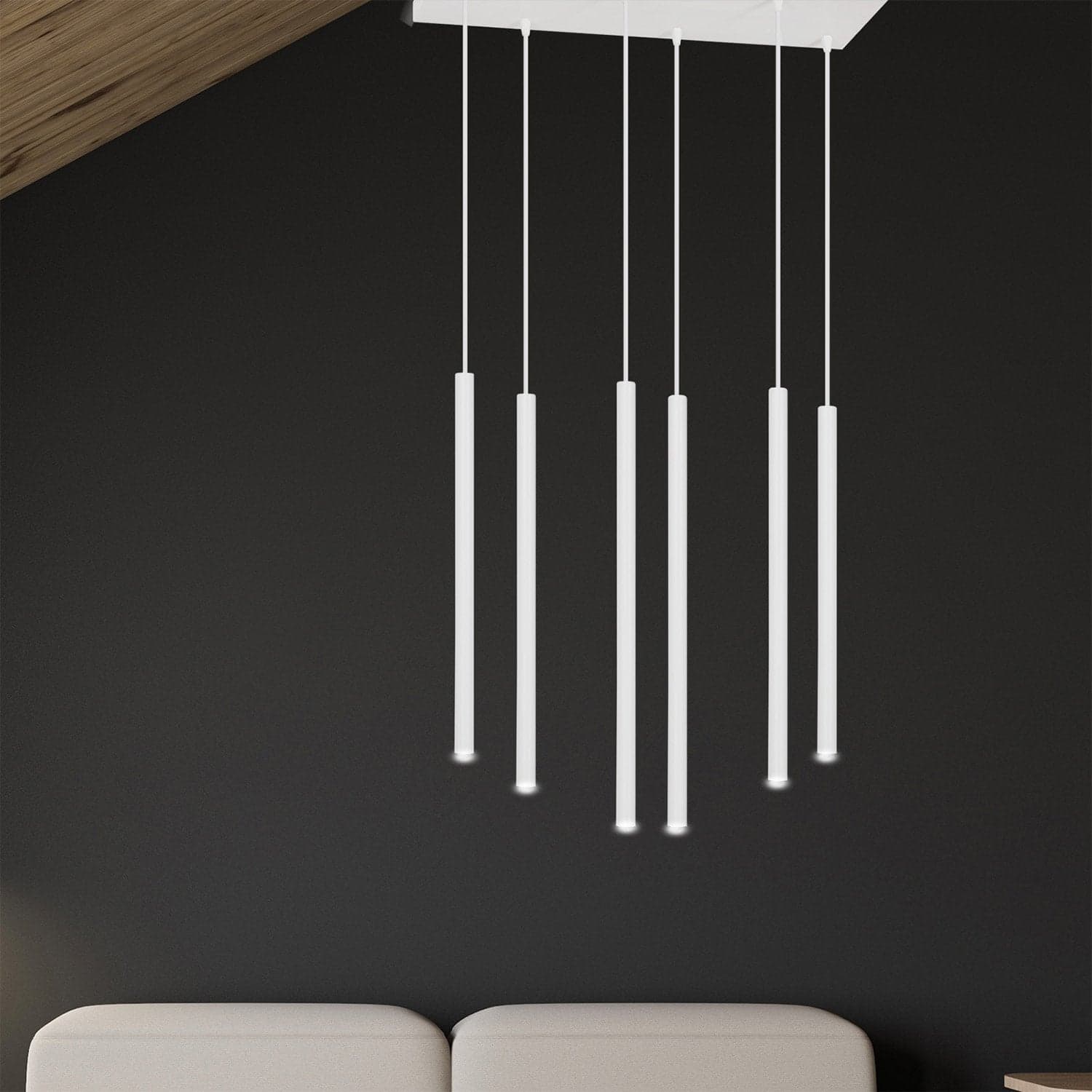 Lampadario 6 Luci Moderno Selter Acciaio Bianco E Paralumi A Cilindri Sottili in Lampade a sospensione LuceArt - Montecorvino Pugliano, commercioVirtuoso.it