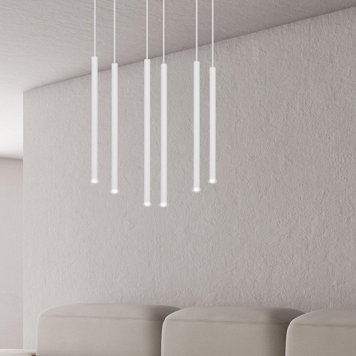 Lampadario 6 Luci Moderno Selter Acciaio Bianco E Paralumi A Cilindri Sottili in Lampade a sospensione LuceArt - Montecorvino Pugliano, commercioVirtuoso.it