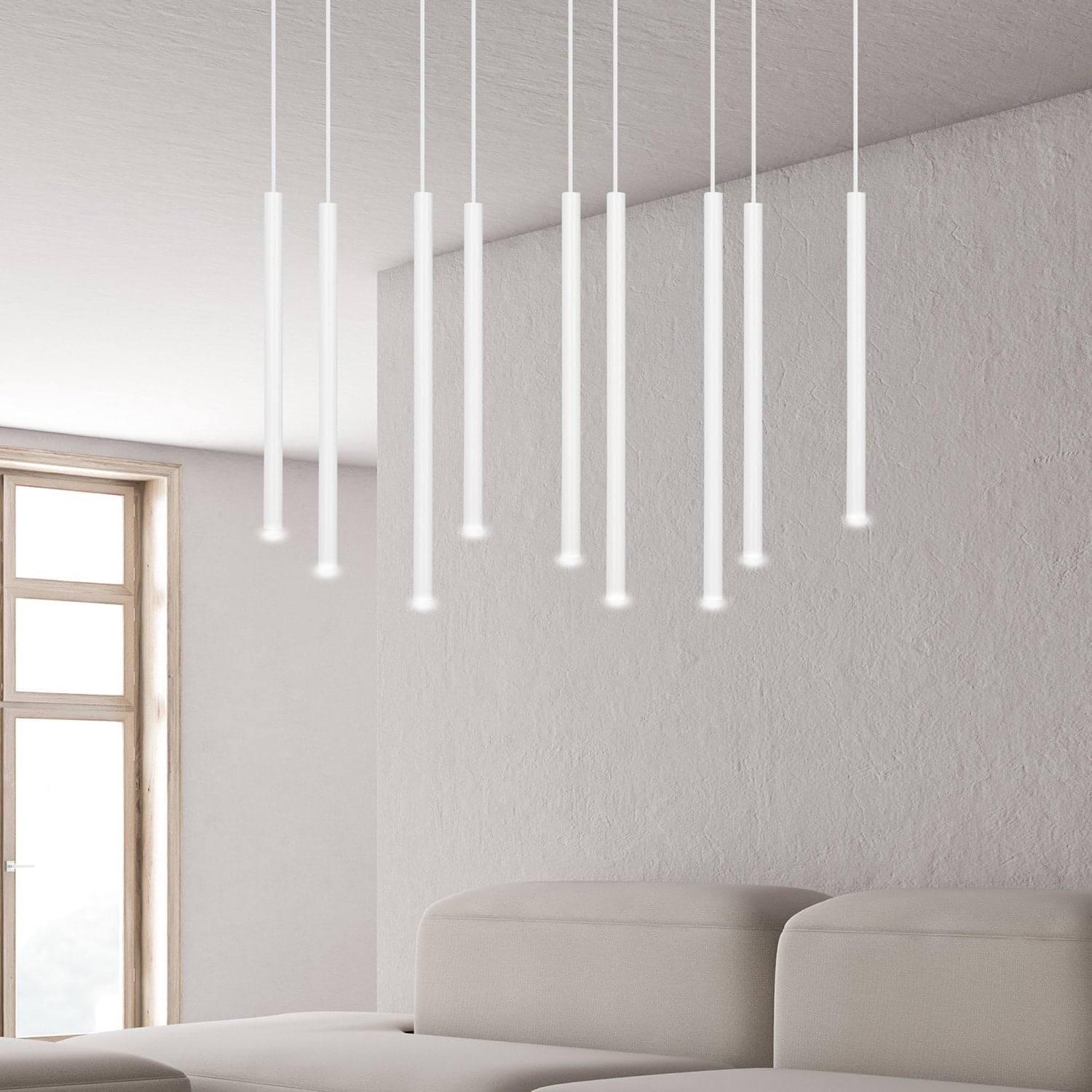 Lampadario 9 Luci Moderno Selter Acciaio Bianco E Paralumi A Cilindri Sottili in Lampade a sospensione LuceArt - Montecorvino Pugliano, commercioVirtuoso.it