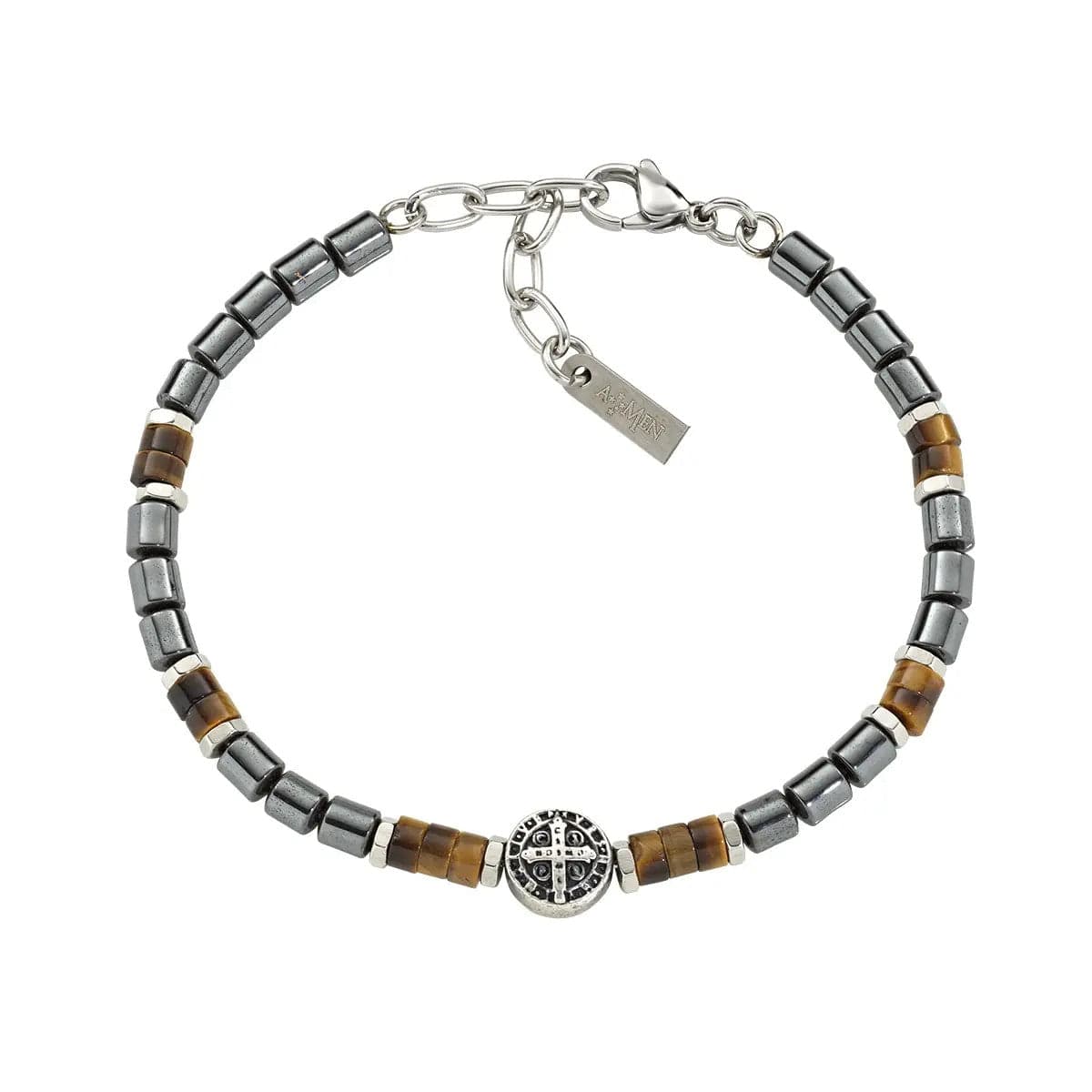 Amen - Bracciale in Acciaio con Croce di San Benedetto e Occhio di Tigre in Bracciali Alba Gioielli - Casoria, commercioVirtuoso.it
