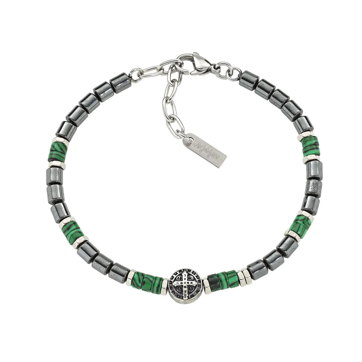 Amen - Bracciale in Acciaio con Croce di San Benedetto e Malachite