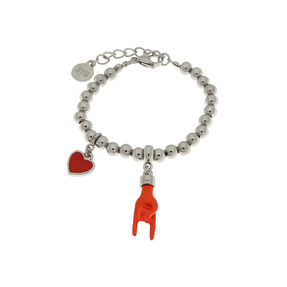 BYSIMON  -  Bracciale in Metallo con pendente a forma di corna porta fortuna e cuore rosso