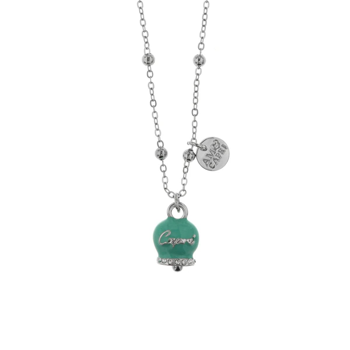 BYSIMON -  Collana in Metallo con campanella portafortuna verde acqua, con scritta Capri