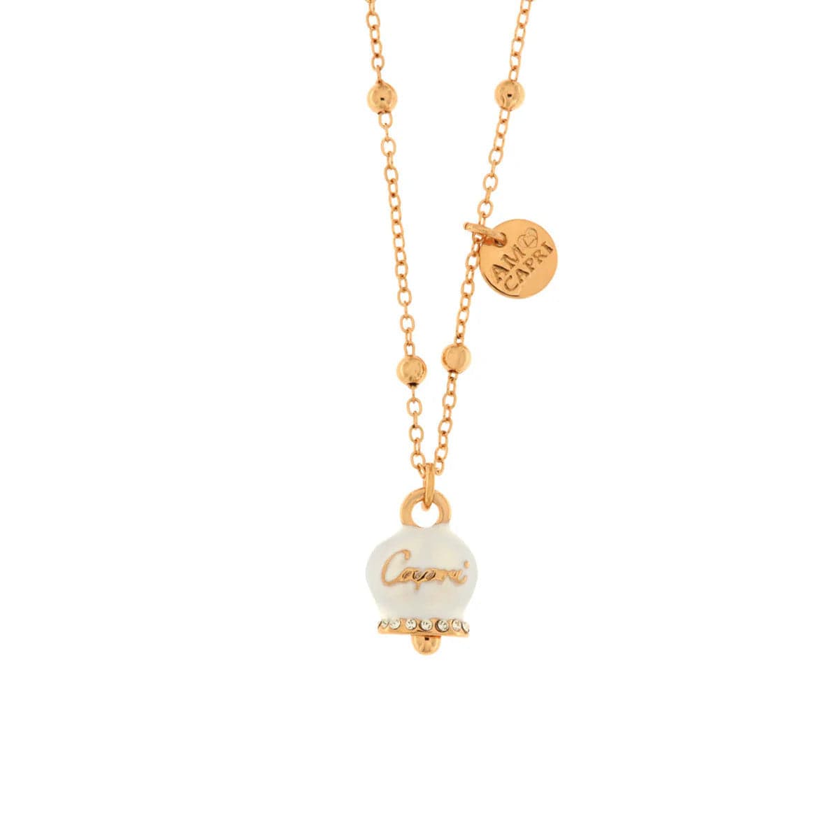 BYSIMON - Collana in Metallo con campanella portafortuna pendente impreziosita da smalto bianco e cristalli in Collane Alba Gioielli - Casoria, commercioVirtuoso.it