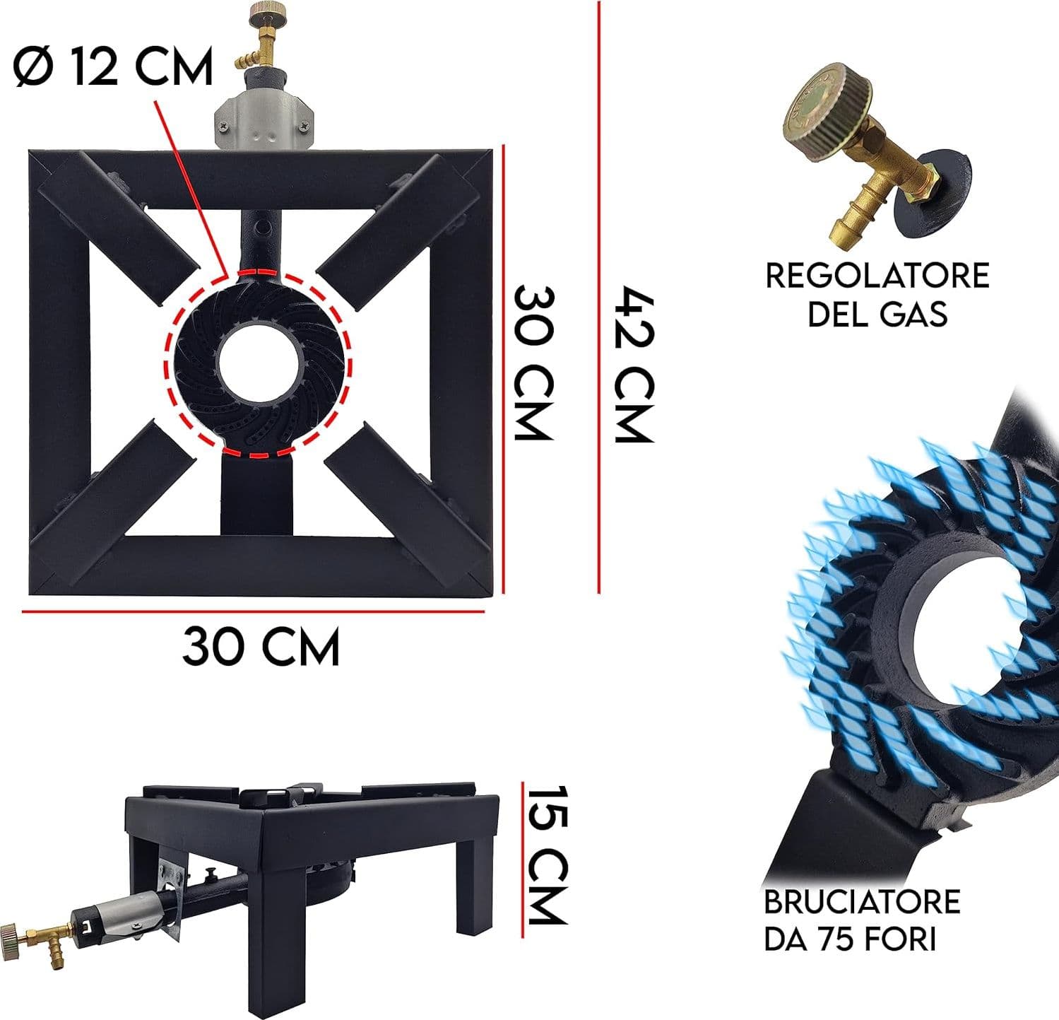 FORNELLONE A GAS BOMBOLA CM 30 X 30 IN METALLO NERO + RUBINETTO GAS METANO in prodotto EuroStore07 - Alatri, commercioVirtuoso.it