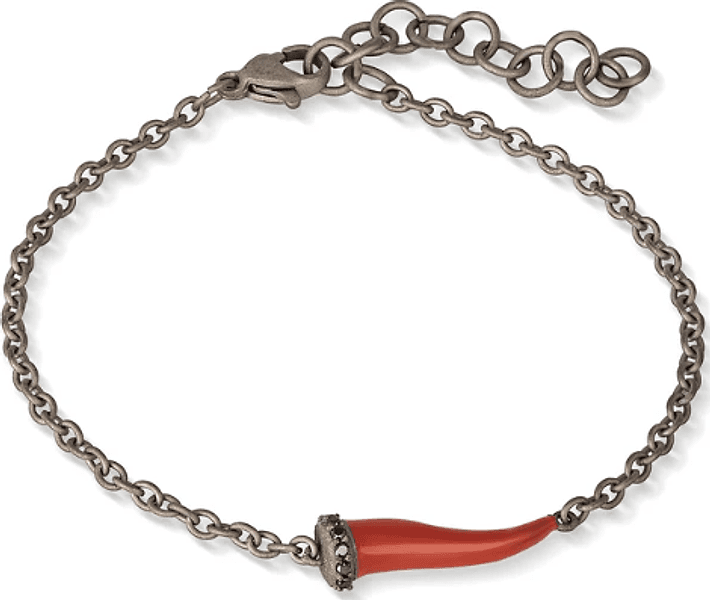MANO J - BRACCIALE CHARMS CON CORNETTO SMALTATO ROSSO IN TITANIO, 5 BLACK E CATENA