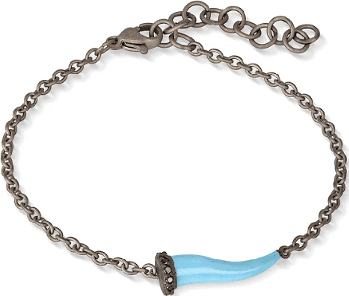 MANO J - BRACCIALE CHARMS CON CORNETTO SMALTATO AZZURRO IN TITANIO, 5 BLACK E CATENA