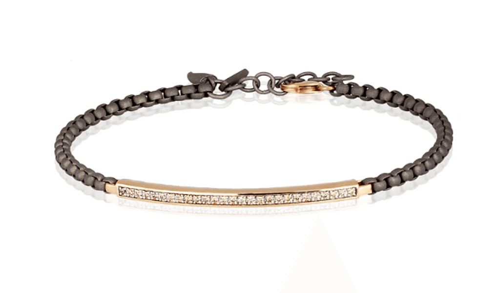 MANO J - BRACCIALE UOMO CON CATENINA SCOOBY DOO IN TITANIO E TARGHETTA IN ORO GIALLO 9 KT CON DIAMANTI BROWN