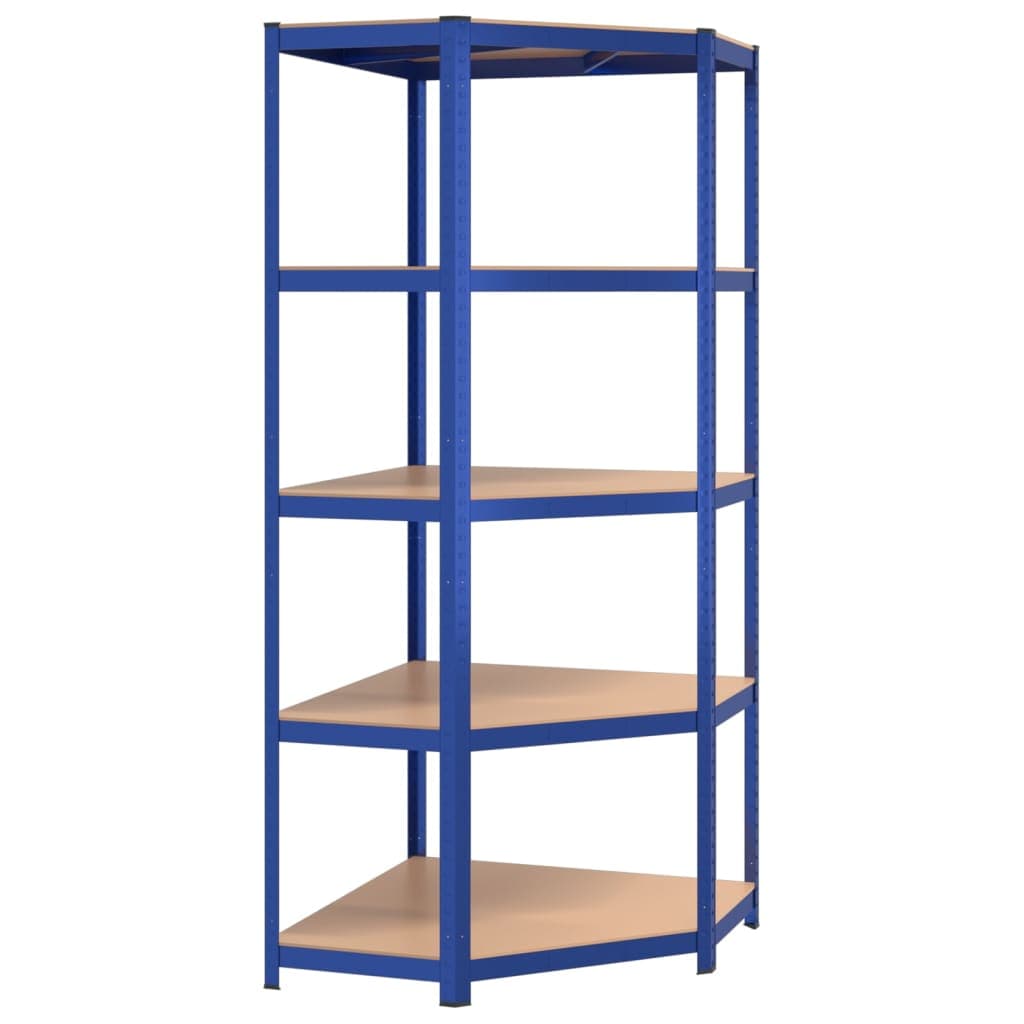 Scaffale Angolare 5 Strati Colore Blu in Acciaio e Mensole in Legno Multistrato