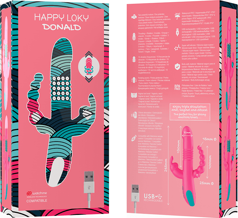 HAPPY LOKY - TRIPLA STIMOLAZIONE DONALD: COMPATIBILE CON LA TECNOLOGIA WIRELESS ANALE, G-SPOT E CLITORIDEA WATCHME in Massaggiatori elettrici manuali Desideria Shop - Latina, commercioVirtuoso.it