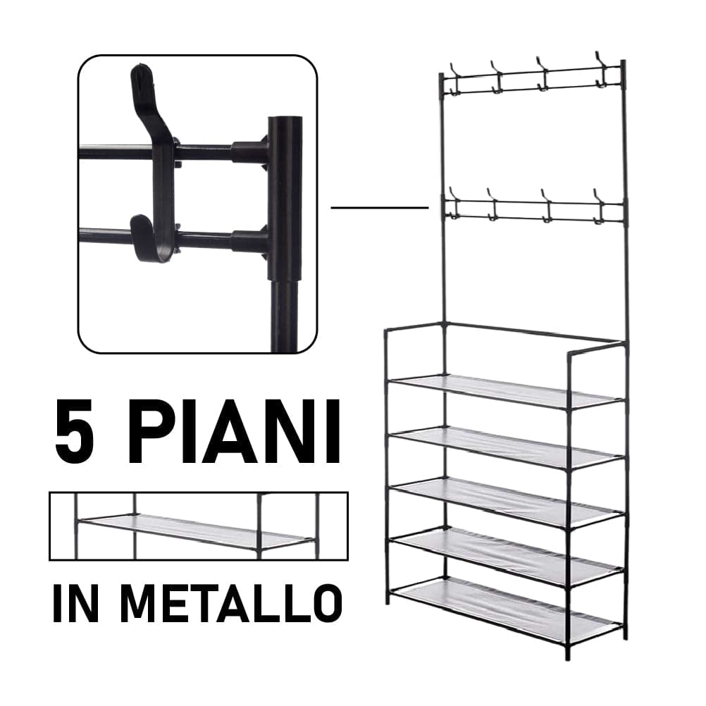 Scarpiera con Attaccapanni in Metallo 5 Piani Appendiabiti 8 Ganci Camera, Ufficio, Ingresso Nero in Stand appendiabiti Danyx - Casoria, commercioVirtuoso.it