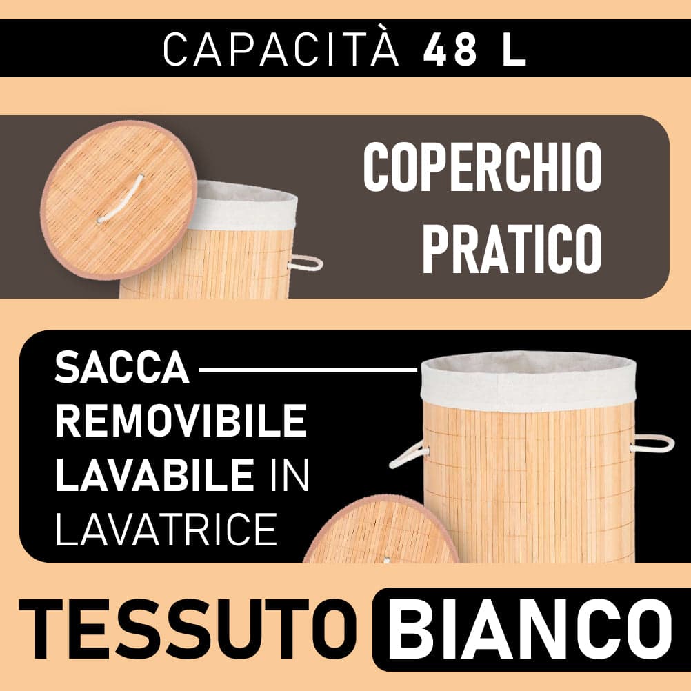 Cesta Porta Biancheria in Bambù con Coperchio 2 Manici Capacità 48Lt Bianco in Ceste per la biancheria Danyx - Casoria, commercioVirtuoso.it